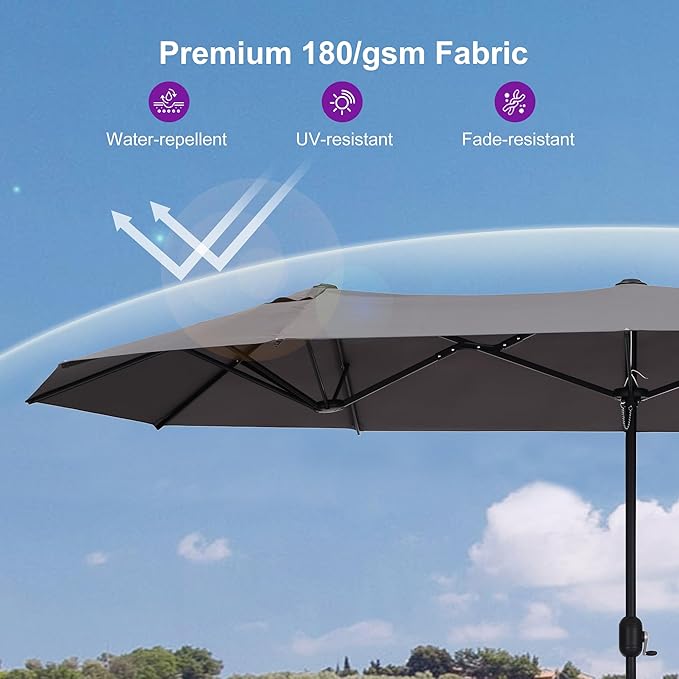 PURPLE LEAF 14ft Patio Market Umbrella with Base Double-Sided Rectangle Outdoor Table Sun Umbrellas with Crank 12 Heavy Duty Sturdy Ribs for Pool Beach Deck Backyard Gray
