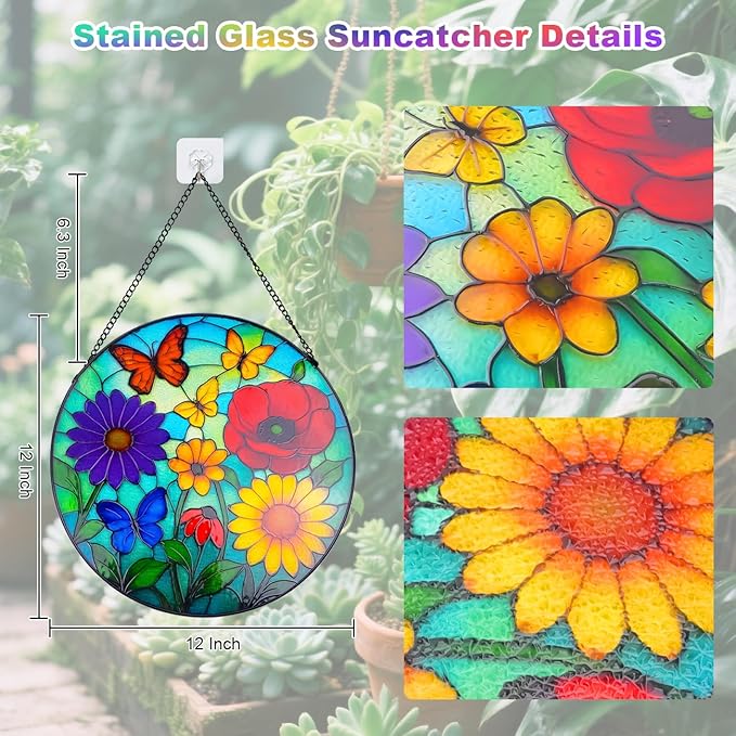 Wildflowers Stained Glass Window Hanging - Wildflowers Suncatcher for Indoor Window, Floral Stained Glass Decor for Garden, Home, Outdoor, Sun Catchers Birthday Gift for Women,Lovers and Mom 12 Inch