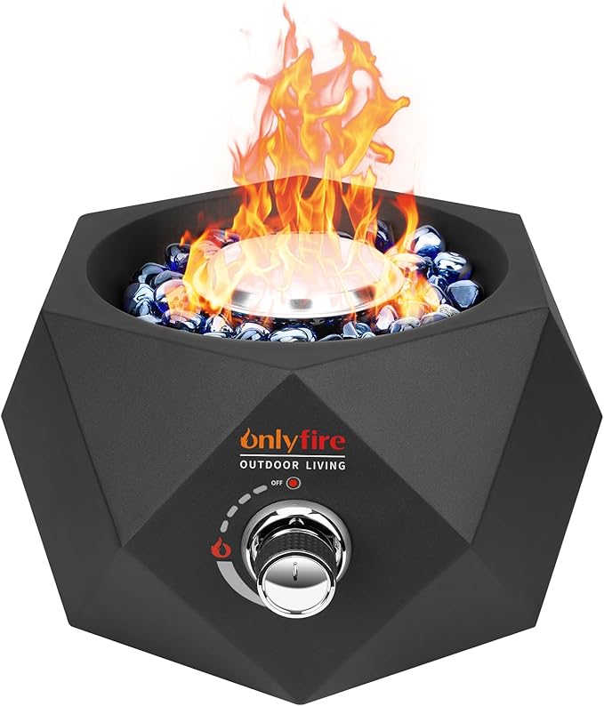 ONLYFIRE OUTDOOR LIVING Propane Gas Fire Pit with Blue Fire Glass Stones, 14" Portable Tabletop Gas Firepit Side-Mounted, Smokeless Firepit for Patio Bonfire Camping RV Tailgating, Modern FP004