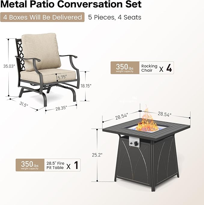 SUNSHINE VALLEY Patio Furniture Set with Firepit Table, 5 Piece Metal Outdoor Patio Furniture Set for 4, 4 Rocking Chairs with 5.75" Extra Thick Cushion and Gas Firepit Table for Backyard Deck Garden
