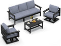 SERWALL HDPE Outdoor Patio Furniture Set, All-Weather 3-Seater Couch with 2 Single Seat Swivel Sofas with Thick Cushions for Lawn, Deck, Black Frame with Gray Cushions