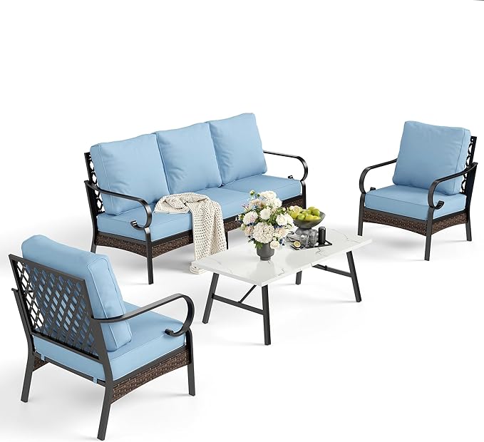 SUNSHINE VALLEY 5 Piece Metal Outdoor Patio Furniture Set, Patio Conversation Sets 1 3-Seater Sofa, 2 Chairs with 5.75" Extra Thick Cushion and Coffee Table, Black Frame Backyard Furniture, Blue