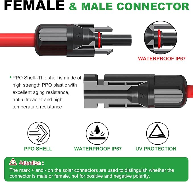 Oududianzi Solar Extension Cable 10Ft, Solar Wire 10AWG, 10 Gauge Tinned Copper PV Wire, Solar Panel Wires and Connectors for Home Cars RVs Camping Solar Panels