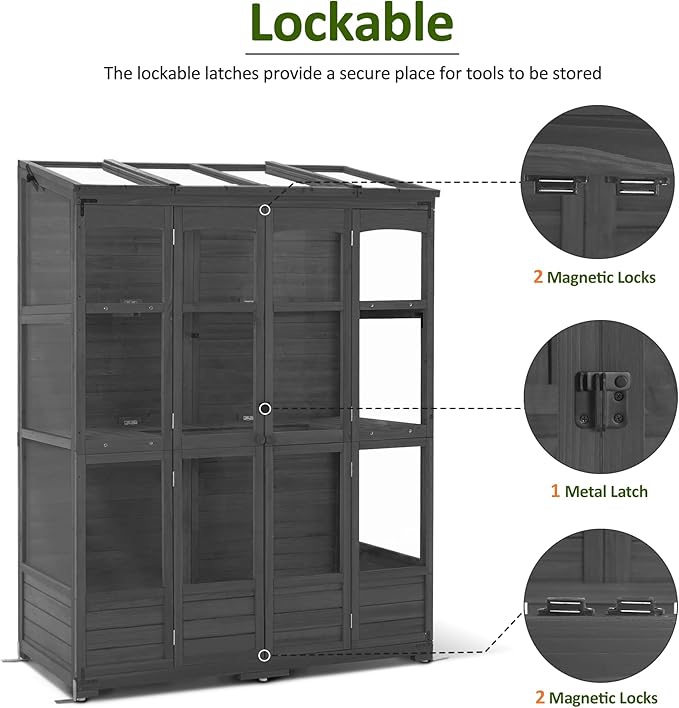 MCombo Wooden Greenhouse, Walk-in Outdoor Greenhouse with Openable Roof and Lockable Door, 0899 (Dark Grey)