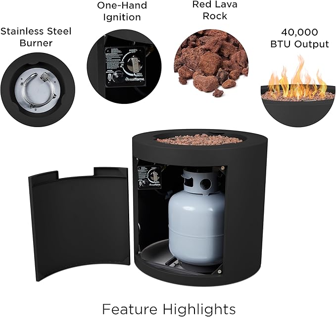 Real Flame Aegean 24" Round Propane Gas Fire Pit Table with Hidden Tank, 50,000 BTU, Powder-Coated Steel, Push-Button Ignition, CSA Certified, Lava Rock, Storage Cover, Stainless Steel Burner with Lid