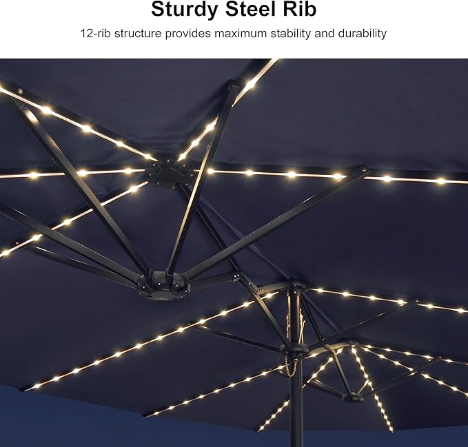 PURPLE LEAF 15ft Patio Market Umbrella with Solar LED and Base Double-Sided Rectangle Outdoor Table Sun Umbrellas with Crank for Pool Beach Deck Backyard Navy Blue