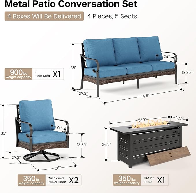 SUNSHINE VALLEY 4 Piece Metal Outdoor Patio Furniture Sets with Firepit Table, Patio Conversation Sets 1 3-Seater Sofa, 2 Swivel Sofa with 5.75" Thick Cushion Backyard Furniture for Deck, Denim Blue