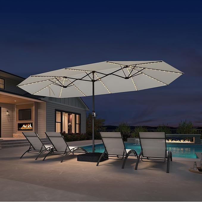 PURPLE LEAF 15ft Patio Market Umbrella with Solar LED and Base Double-Sided Rectangle Outdoor Table Sun Umbrellas with Crank for Pool Beach Deck Backyard Cream