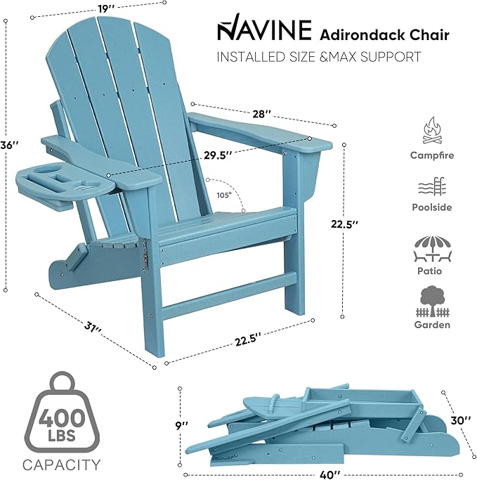 Adirondack Chair, HDPE Folding Adirondack Chair with Multifunctional Cup Holder, Weather Resistant Fire Pit Chair for porches, patios, patios, poolsides, Decks.