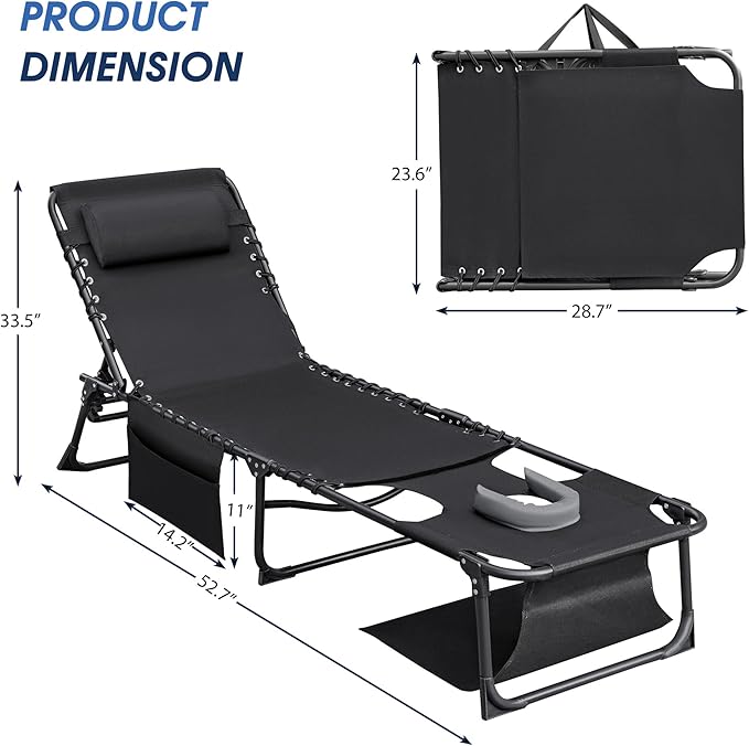 Flamaker Face Down Chaise Lounge Chair 5-Position Adjustable Sunbathing, Foldable Tanning Chair with Face& Arm Holes, Outdoor Recliner Chair for Pool, Beach, Patio, Lawn (Black, 1 Pcs)