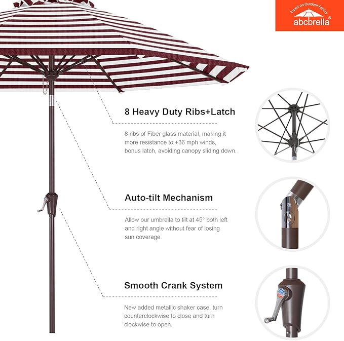 ABCCANOPY OLEFIN® 5-Year No Fading 9FT Patio Umbrella, Outdoor Table Umbrella with 8 Sturdy Ribs for Deck, Backyard, Yard (Burgundy Stripe)