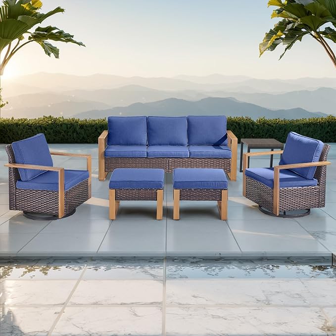 Rilyson Outdoor Wicker Patio Furniture Set - 6 Piece Patio Conversation Set with 2 Wicker Swivel Rocker Chairs,2 Rattan Ottoman,1 Side Table and 1 Couch,Thick Cushions,Deep Seating(Brown/Blue)
