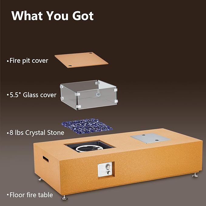 56 Inch Propane Fire Pit Table, Outdoor Gas Fire Pit for Patio with 50,000 BTU, Large Rectangular Fire Table Coffee Dining Bar Table, Firepit for Outside Deck Backyard，Yellow