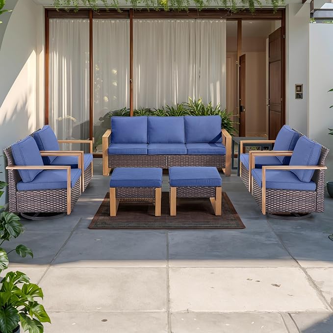 Rilyson Outdoor Wicker Patio Furniture Set - 8 Piece Patio Conversation Set with 4 Wicker Swivel Rocker Chairs,2 Rattan Ottoman 1 Side Table and 1 Couch,Thick Cushions,Deep Seating(Brown/Blue)