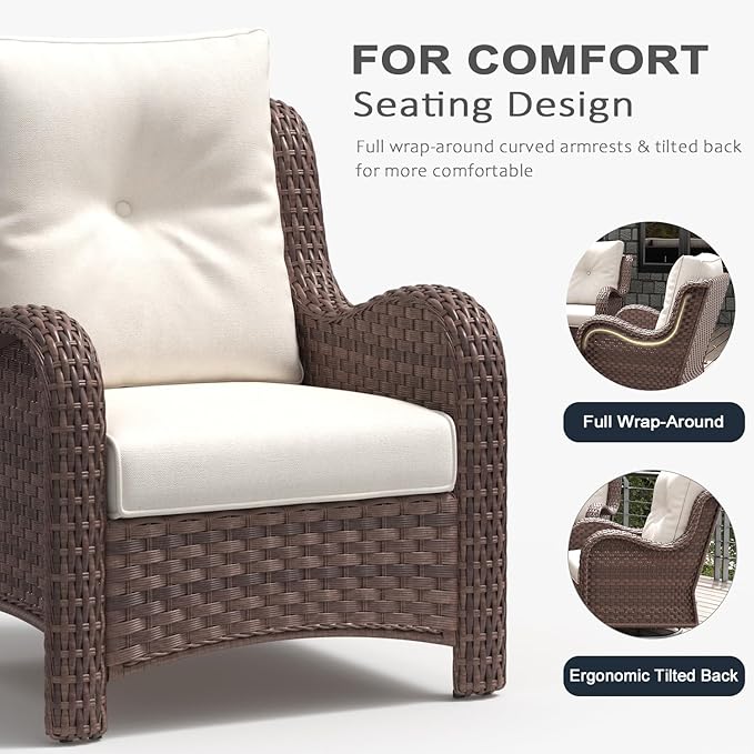 LayinSun 7 Pieces Outdoor Patio Furniture Set with Fire Pit Table, Rattan Wicker Sectional Chairs Sets with Ottomans, Single Chairs and Coffee Table