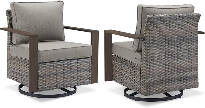 Rilyson Outdoor Wicker Patio Furniture Set - 5 Piece Patio Conversation Set with 2 Wicker Swivel Rocker Chairs,2 Rattan Ottoman and 1 Couch,Thick Cushions,Deep Seating,Wide Armrest(Mixed Grey/Grey)