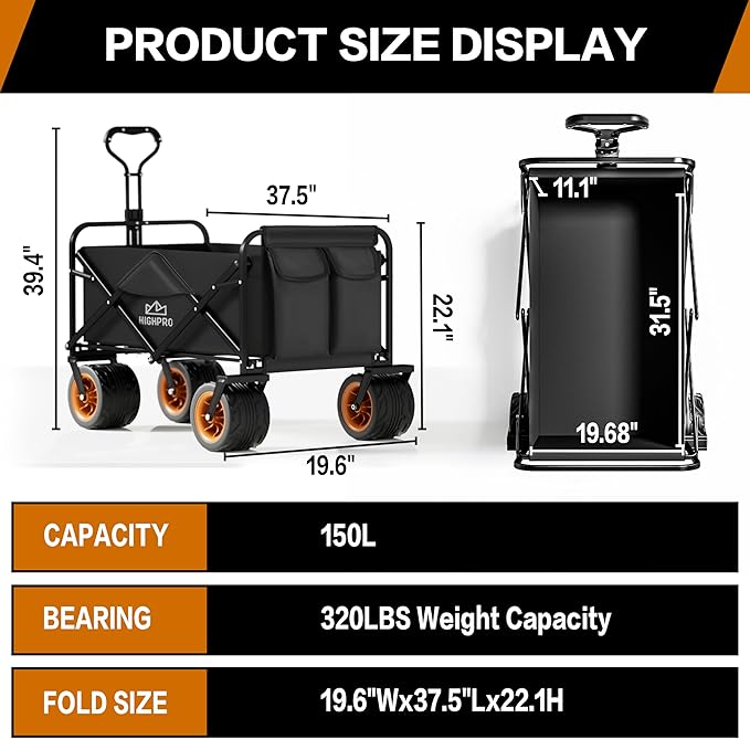 Highpro Heavy-Duty Folding Beach Cart with Extra Large 150L Capacity, 360° Locking Brakes, Waterproof Fabric, and 6 Storage Pockets – Holds Up to 320 lbs for Camping, Beach, and Outdoor Use