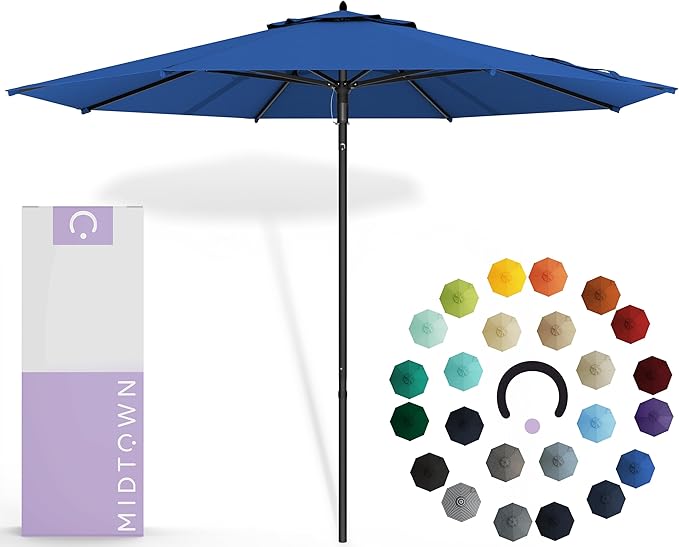 Midtown Umbrellas Push Pop Sunbrella Umbrella 9 Feet Outdoor Umbrella in Dark Blue Fabric - Patio Umbrella, Backyard Umbrella, Garden Umbrella, Picnic Table Umbrella & Pool Umbrella - Black Pole