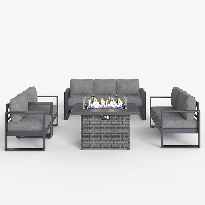 LayinSun 5 Pieces Aluminum Outdoor Patio Furniture Set, Metal Modern Conversation Sofa Set with Fire Pit Table and Washable Thick Cushions for Porch, Backyard, Deck