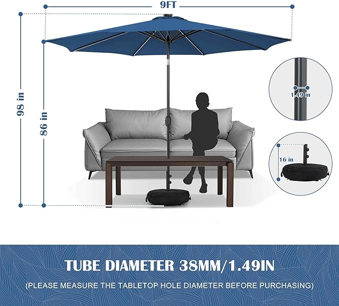 Sundale Outdoor Olefin 5-Year-Non-Fading Solar 80 LED 9 FT Solar Patio Umbrella with Sand Bag Base, Outdoor Umbrella with Tilt and Crank, Navy