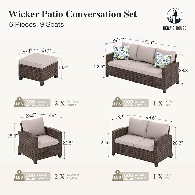 HERA'S HOUSE Wicker Patio Furniture Set, Outdoor Sectional Conversation Sets, 6 Pieces 9 Seats Outside Sofa Set for Lawn Backyard