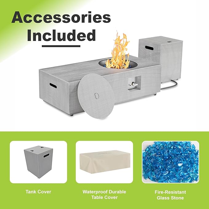 Dineli 2-Piece Outdoor Propane Fire Pit Table Set w Tank Table 48'' Rectangular Firepit Gas Fire Pits for Outside Patio Table Fire Pit w LED, 50,000 BTU (Light Gray with Warmlight)