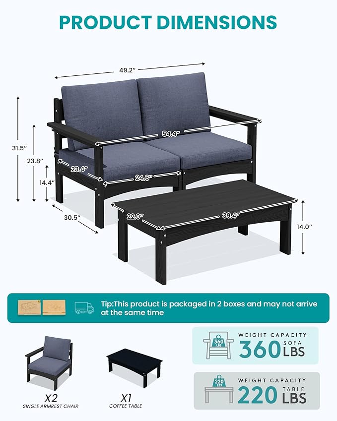 SERWALL 3 Pieces Patio Conversation Set, All-Weather HDPE Outdoor Sofas with Cushions and Coffee Table, Modular Sectional Furniture for Deck, Garden, Backyard, Black Frame with Grey Cushion