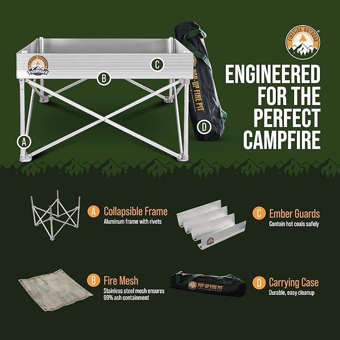 Fireside Outdoor Portable Fire Pit for Camping Fire Pit 24 Inch - Collapsible Pop Up Firepits for Outside, Portable Campfire Pits, Small Firepit for Outside, Weighs 7 lbs, Heat Shield NOT Included