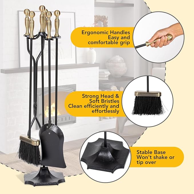 nalone 5 Pieces Fireplace Tools Set, Brass Handles Wrought Iron Fireplace Accessories Set with Poker, Tong, Shovel, Brush, Fire Place Tools Indoor Outdoor (Antique Bronze)
