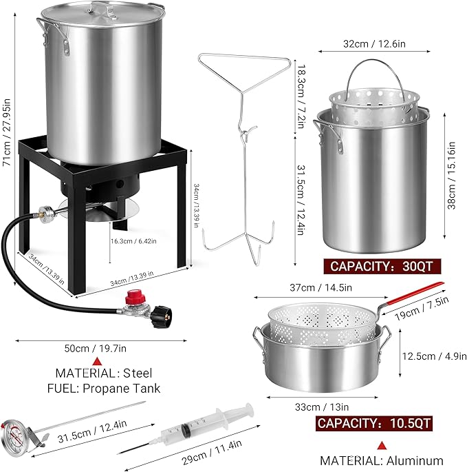 30QT Turkey Fryer & 10QT Fish Fryer Kit, Turkey Fryer Pot with Baskets and 50,000 BTU Propane Burner Stove for Party/Courtyard/Outdoor