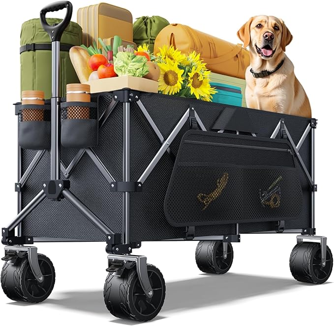 Wagons Carts Foldable Heavy Duty,440lbs Capacity & 350L Collapsible Utility Cart with Big All Terrain Wheels for Beach, Garden, Camping, Grocery Coal Black