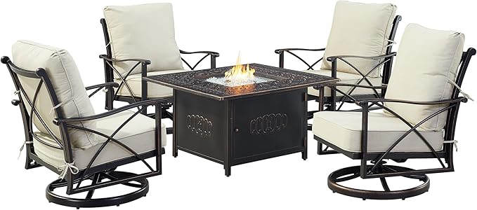 Oakland Living Black Aluminum Patio Fire Table Set with Four Club Chairs