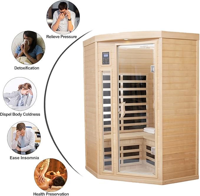 Far Infrared Sauna Low EMF Wooden Saunas for Home, 2-3 Person Indoor Home Saunabox, 1600watt Canadian Hemlock Sauna Room with Blue-Tooth, LCD, 10 Minutes Pre-Warm up