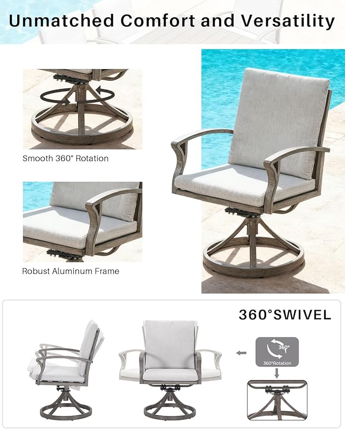 SEEHILL Swivel Patio Dining Chairs Set of 2, Aluminum Outdoor Swivel Rocking Dining Chairs with Cushions, Outdoor Dining Set Patio Furniture Set for Backyard, Deck, Garden, Pool, Limed Oak