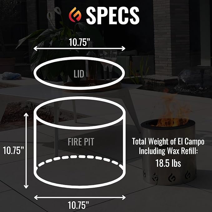 El Campo Portable Wax-Burning Fire Pit – Clean-Burning, No-Wood Fuel with 8-Hour Wax Refill – Compact and Durable for Camping, Travel, and Outdoor Use – Stainless Steel Finish