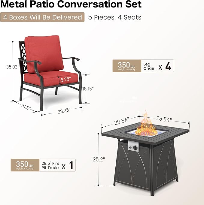 SUNSHINE VALLEY 5 Piece Metal Outdoor Patio Furniture Set with Fire Pit Table, Patio Conversation Sets 4 Fixed Chairs with 5.75" Thick Cushion and 5000 BTU Fire Pit Table, Backyard Furniture, Red