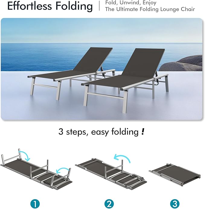 Ciokea Aluminum Chaise Lounge Ourdoor - Foldable & Assemble Free Outdoor Lounge Chair with 5 Adjustable Backrest, Patio Lounge Chair for Outside Poolside Beach Pool, Grey