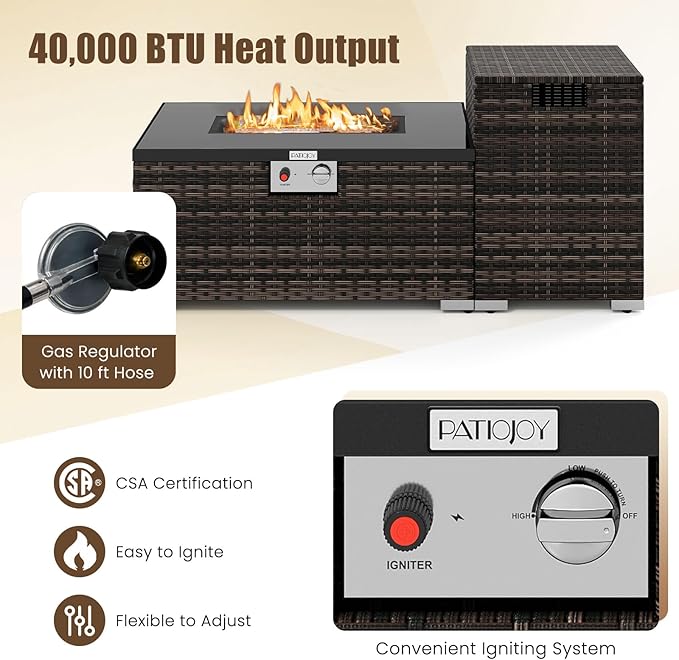 Tangkula 2 Piece Propane Fire Pit Table Set with Tank Cover, Outdoor Rattan Gas Firepit with Lid, Tempered Glass Tabletop, Protective Cover, 40,000 BTU Rectangle Fire Table Set for Outside (Mix Brown)
