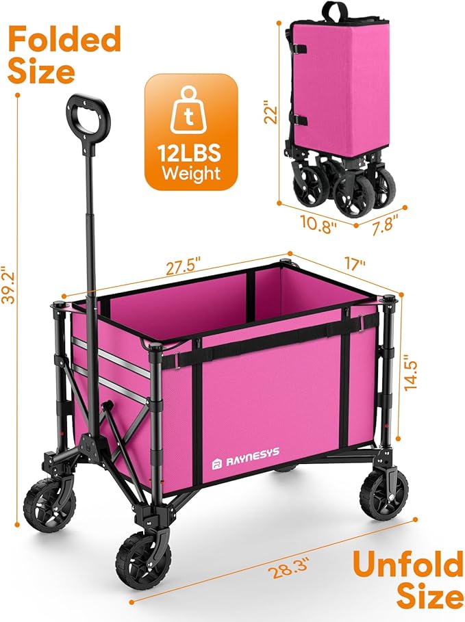 3 in 1 Collapsible Wagon Converts to Bench, 220lbs Foldable Wagon Cart with Wheels, 120L Shopping Cart for Groceries Folding Utility Wagon for Beach, Garden, Camping, Sport, Wheelbarrows, Pink