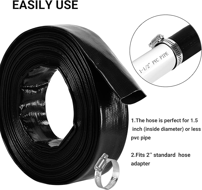 2" x 50 FT Pool Backwash Hose, Black Heavy Duty Reinforced PVC Lay Flat Water Discharge Hose for Swimming Pool Filter Pump,with 2 Clamp