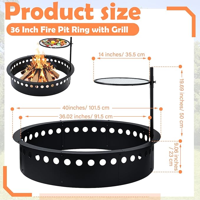 36 Inch Smokeless Fire Pit Ring with Grill Fire Ring for Outside Heavy Duty Metal Firepit Insert Round Steel Large Above/In-Ground Camping Firepit for Outdoor Patio Picnic BBQ Garden