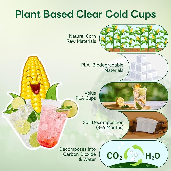 Vplus 16 oz Compostable Clear Plastic Cold Cups, 100 Pack Biodegradable Disposable Cups, BPA & PFAS Free, Plant-Based Plastic Cups for Juice, Wine, Parties, Weddings, and Everyday Use