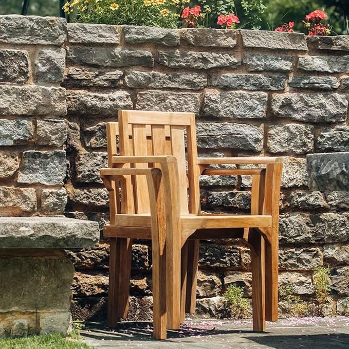 TITAN GREAT OUTDOORS Ash & Ember Sage Grade A Teak Classic Stacking Armchairs, Weather Resistant Premium Solid Wood Patio Lounge Chair with Intricate Back Support (4 Pack)