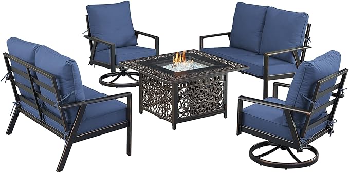Oakland Living Black Aluminum Patio Fire Table Set with Two Deep Seating Loveseat with Cushions and Two Club Chairs with Blue Cushions