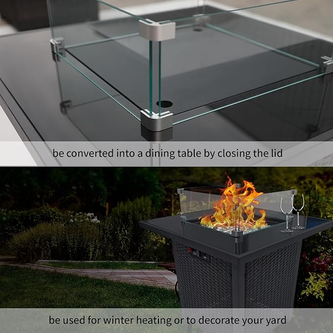 Fire Pit Table 28" Wicker &Rattan Square Propane Outdoor Fire Pit with Lid, Glass Wind Guard, CSA Listed, 50,000BTU, Gas Fire Pit Table for Patio Garden Backyard Deck (Black)