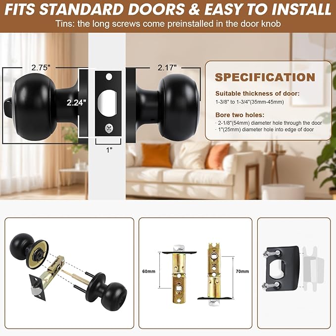 RAZCC Privacy Door Knobs, 5 Pack Matte Black Door Knobs with Lock, Bed and Bath Door Knob Interior Keyless Locksets, Round Door Handles Reversible for Left Right Handed Doors