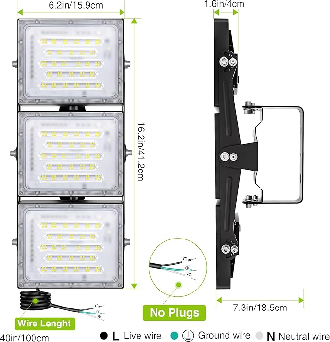 2 Pack LED Flood Lights Outdoor, STASUN 150W 15000lm 6000K Daylight White IP66 Waterproof, Commercial Parking Lot Lights, 3 Heads for Yard Street Stadium Outdoor Area Floodlight Bright Security Lights