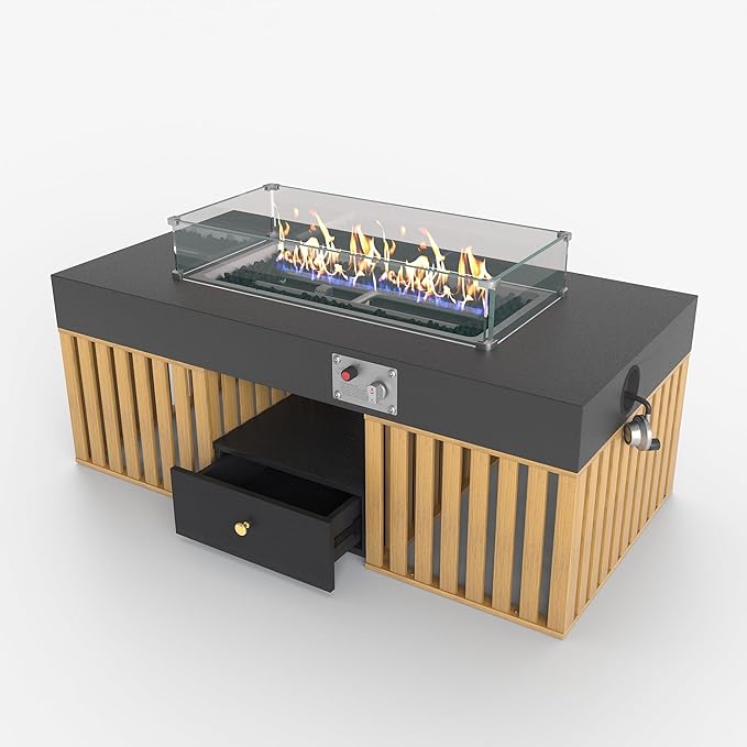 47.24" Outdoor Gas Fire Pit Coffee Table with Wood Storage Drawer and Tempered Glass Wind Guard, Stainless Steel Tabletop Patio Fire Pit Table for Backyard, Garden, Picnic or Party