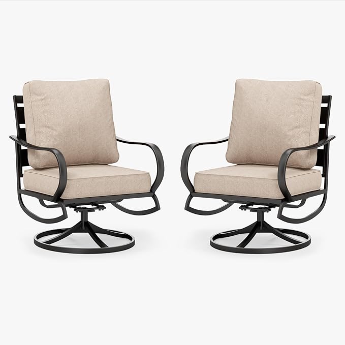 PHI VILLA Patio Furniture Chair Set for 2, Deluxe Outdoor Conversation Set with 2 Swivel Padded Sofa Chair, Full Metal with 5.8" Cushion for Deck, Lawn, Garden