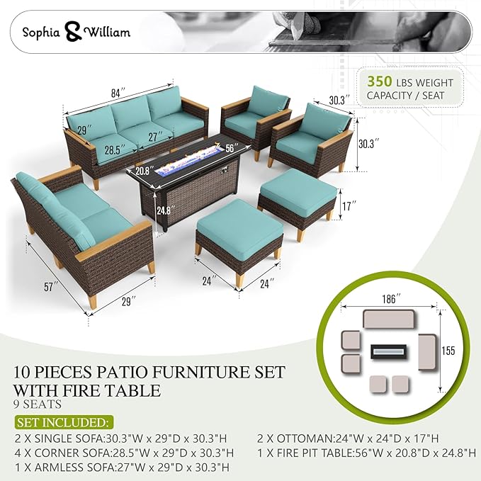 Sophia & William Patio Furniture Set with 56" Fire Pit Table, 10PCS Outdoor Wicker Sectional Conversation Set with 4 Corner Sofa, 3 Single Couch, 2 Ottoman & Fire Pit Table(Aqua Blue)